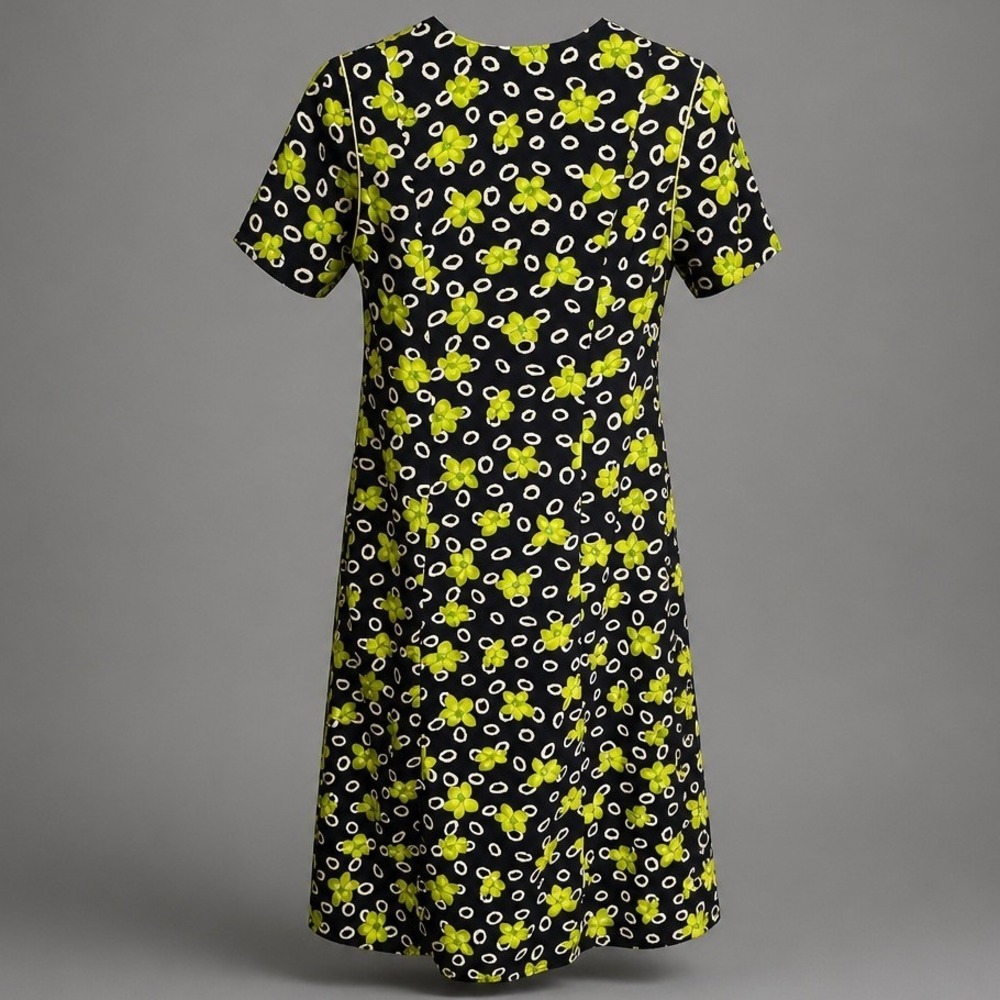 Lissinni Collection Midi Dress 10 Black Lime Green Floral Geometric V-Neck Retro - Picture 3 of 5